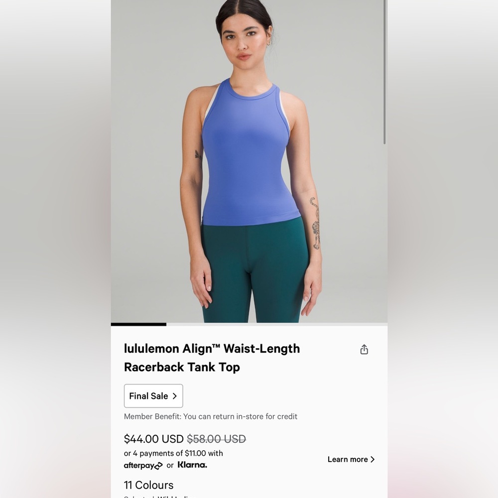 Lululemon bright blue align waist length racer back tank